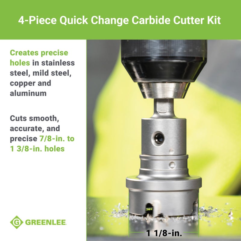 Greenlee 655 4-Piece Quick Change Carbide-Tipped Hole Cutter Set, 7/8" - 1-3/8" - Image 4